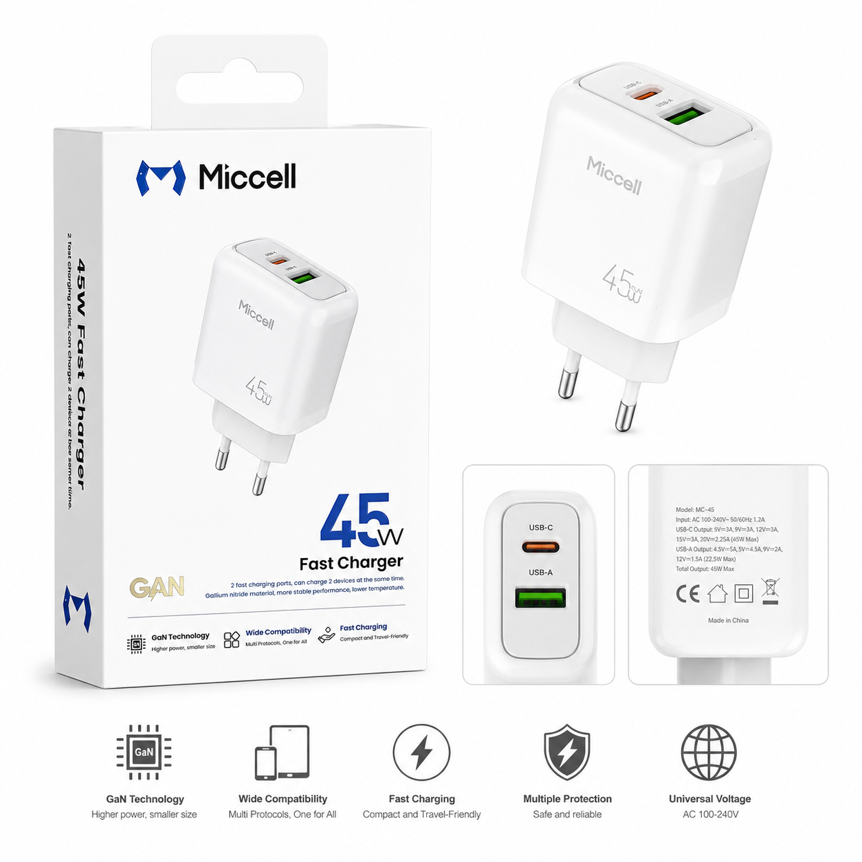 Miccell GaN Dual-Port Fast Charger/Adapter